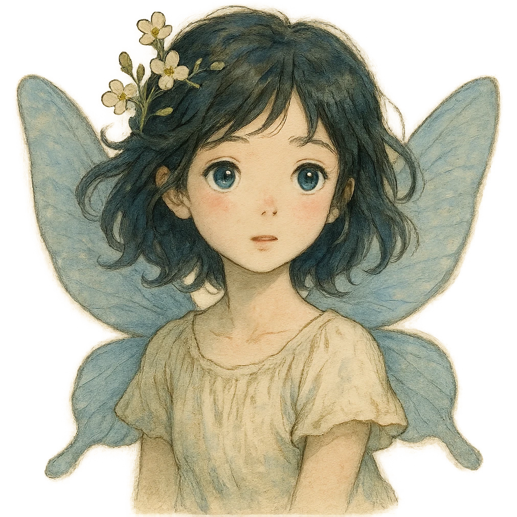 realistic whimsical black, blue and cream, natural colors, soft, fairy-like atmosphere, no background, square size emoji
