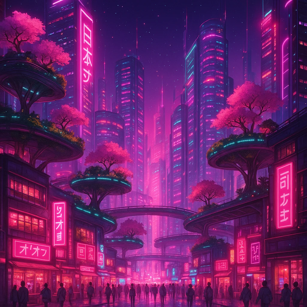 a futuristic pink paradise cityscape with neon lights, floating gardens, and a serene atmosphere, in four distinct visual interpretations emoji