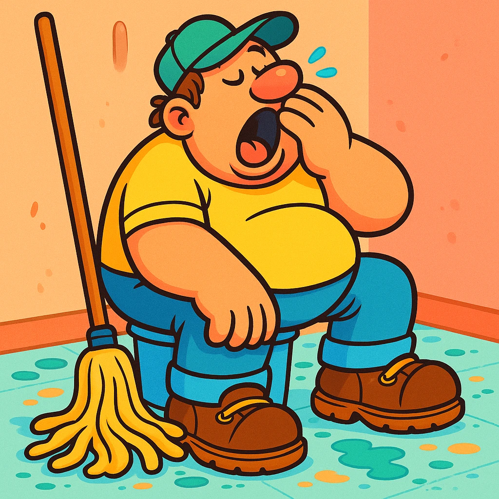 Make the lazy janitor more cartoonish with exaggerated features in a playful style. Show him sitting on a bucket, yawning, with a mop nearby and a messy floor. Expression should be relaxed. emoji