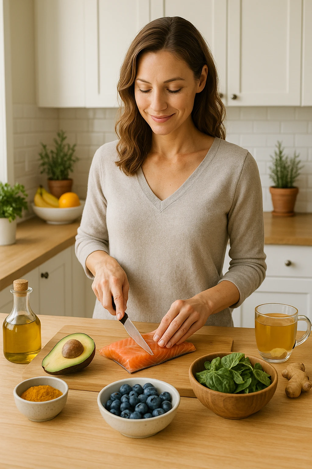 Donna tra i 30 e i 40 anni in una cucina luminosa, serena e sorridente, mentre prepara un pasto a base di cibi antinfiammatori: avocado, mirtilli, salmone selvaggio, verdure a foglia verde, olio d’oliva, curcuma. Il piano cucina è ordinato, ricco di colori naturali. Sullo sfondo: erbe fresche, frutta, una tisana allo zenzero. La donna appare in forma, rilassata e consapevole delle sue scelte. Atmosfera calda e armoniosa, luce naturale. Stile realistico, tono positivo e ispirazionale emoji