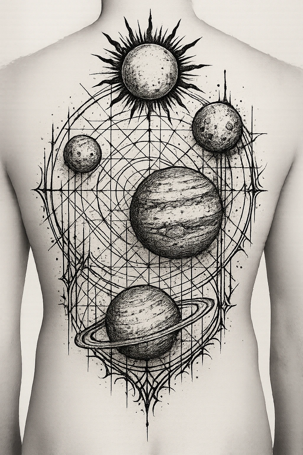 a design for an immersive back tattoo, showing linework of galactic planets and a glalactic ley lines matrix map. black linework. gothic. trashpolka emoji