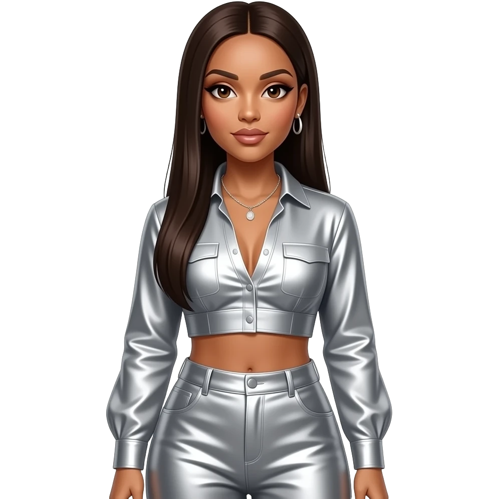 Aaliyah with dark brown eyes, long dark brown straight hair, silver metallic blouse crop top, silver metallic wide leg pants, necklace and earrings emoji