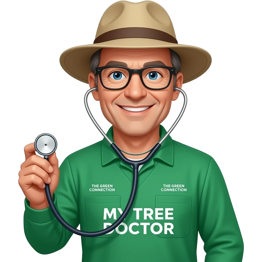 smiling middle-aged man blue eyes. Dark rectangle glasses, in green-collared, long-sleeve shirt.  Flatter wider-brim Australian Akubru hat. Holding a stethoscope. Insert 'THE GREEN CONNECTION' in white directly onto the left pocket & onto the right pocket, place only the words 'MY TREE DOCTOR' emoji
