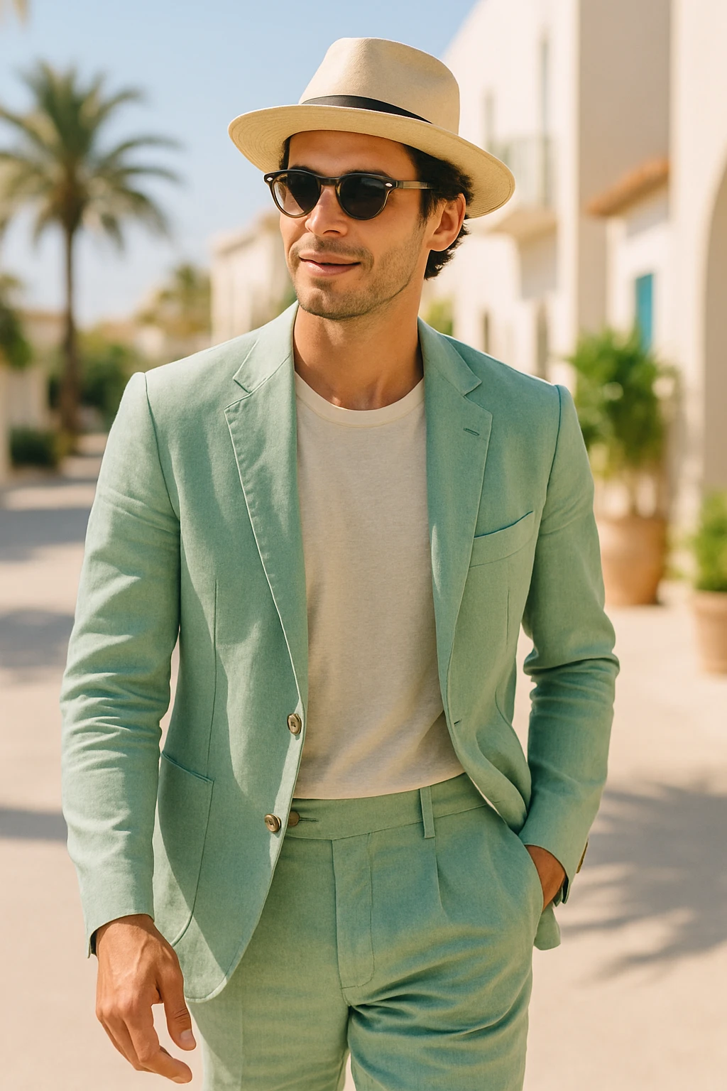man in a pastel green linen suit, sunglasses, straw hat, casual summer vibe emoji