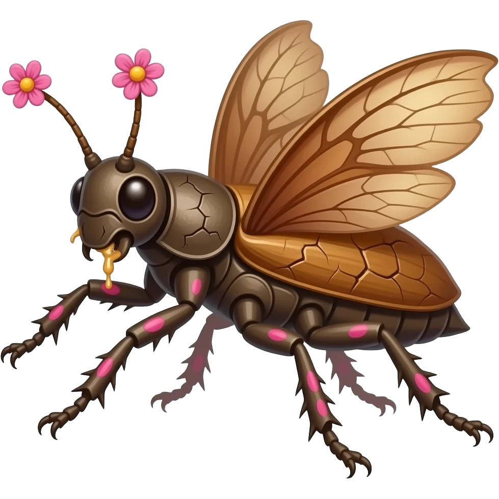 Flying Walkingstick beetle crawler with sticky sap in cracks in its bark-like body. petal wings it's made of bark but has a shell on its back, it has spikes and runs fast with all its limbs. It's full of pink petal markings, petal bark body, flower antennas emoji