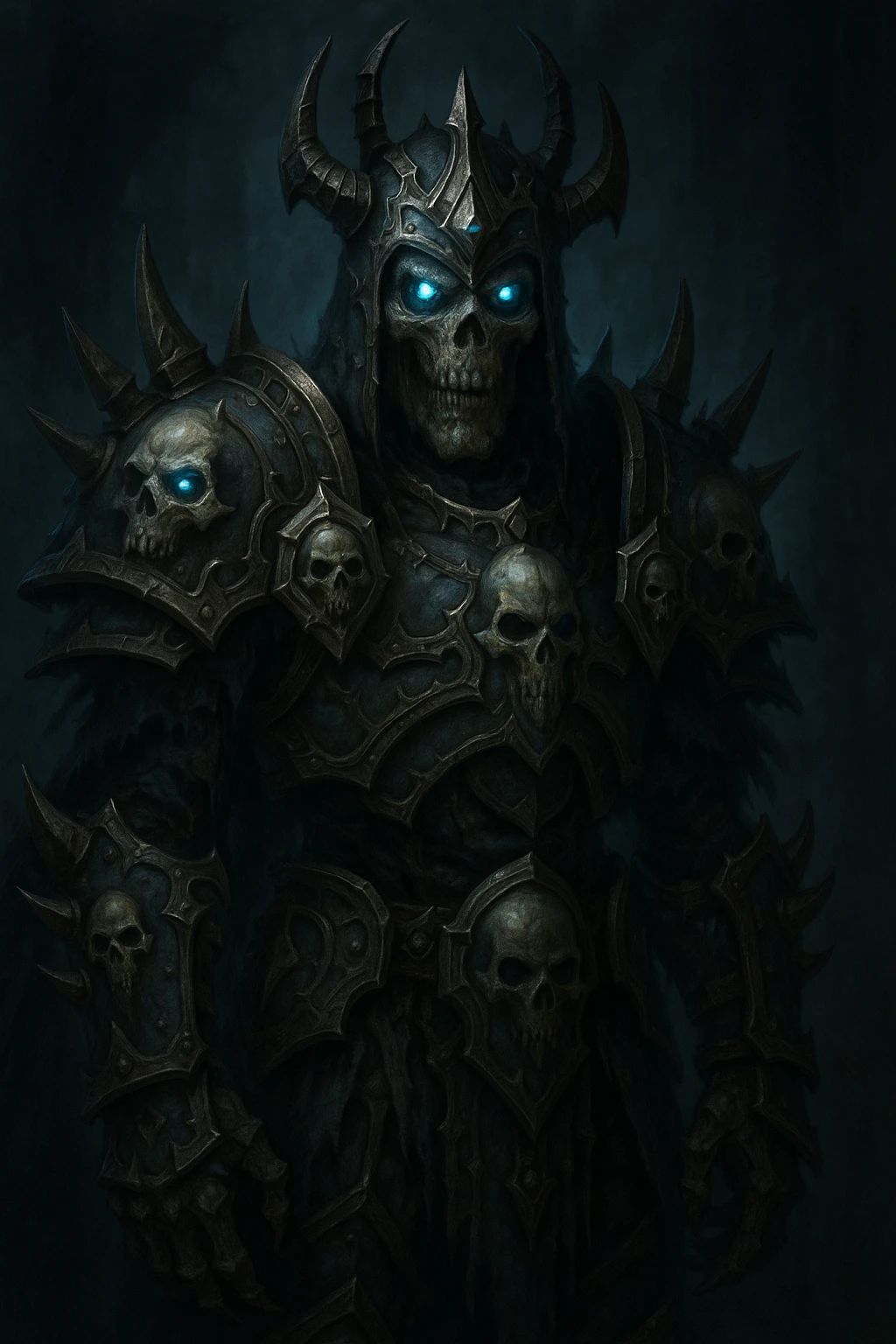 undead warrior, inspired by World of Warcraft, fantasy armor, glowing blue eyes emoji