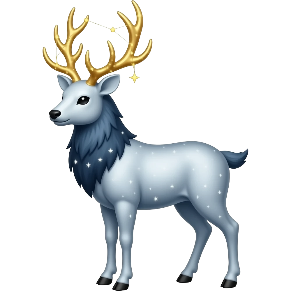 Celestial Stag emoji – full body, majestic stag with shimmering silver body and deep midnight-blue fur, tall glowing golden antlers shaped like constellations, small star accents, slight side angle emoji