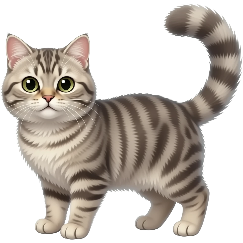Fuzzy Scottish-Fold-Skookum-Kinkalow-Munchkin-Cat-hybrid with a long thin tufted tapered tail emoji