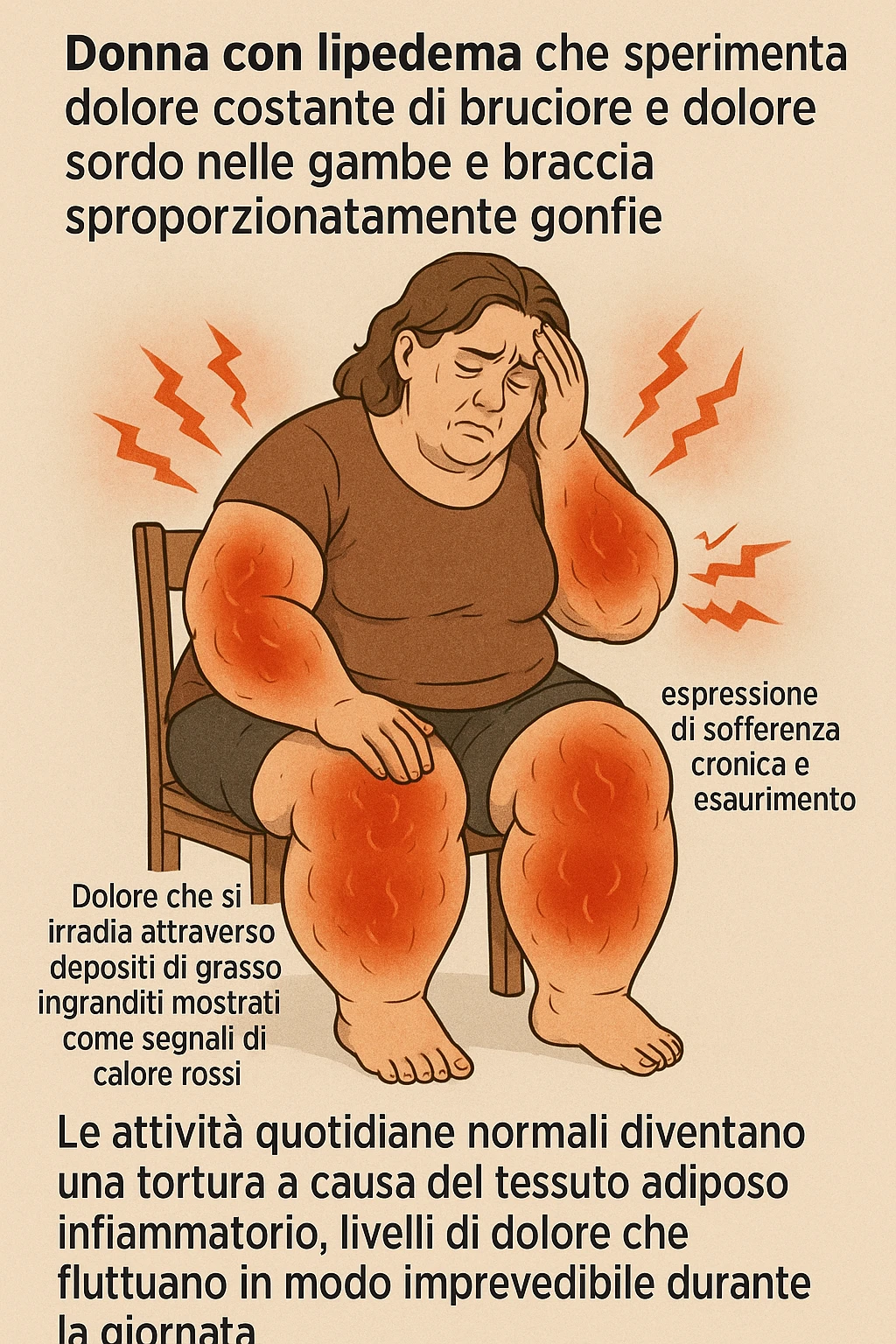 "Woman with lipedema experiencing constant burning and aching pain in disproportionately swollen legs and arms, pain radiating through enlarged fat deposits shown as red heat signatures, expression of chronic suffering and exhaustion, normal daily activities becoming torture due to inflammatory adipose tissue, pain levels fluctuating unpredictably throughout the day" scritte in italiano emoji