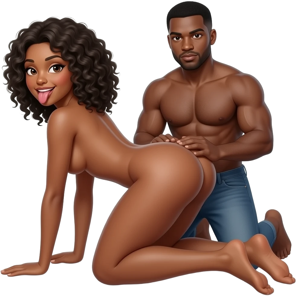 Mujer afroamericana desnuda, posición de frente a la camara, hombre negro desnudo penetrando la mujer por el culo, la mujer saca la lengua, de rodillas en el suelo, forma de cuatro patas, culo levantado hacia atrás, culo más alto que la cabeza, culo enorme, con los brazos estirados hacia delante emoji