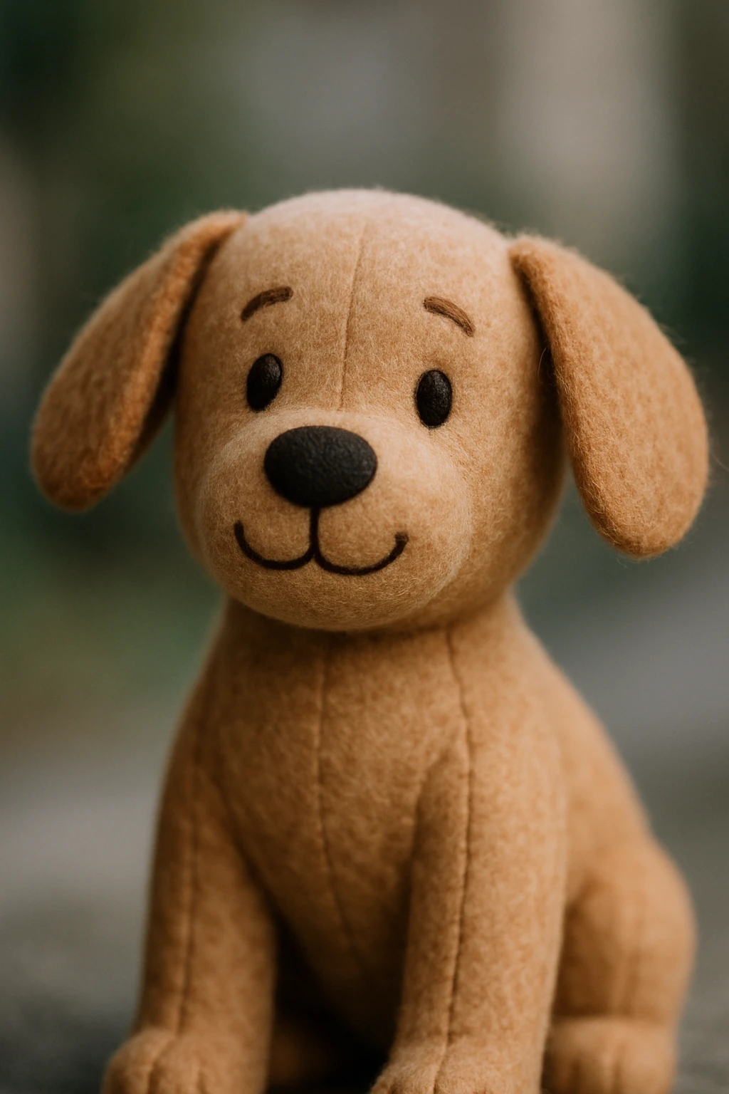 plush portrait of a friendly dog with floppy ears, button nose, and a gentle smile emoji