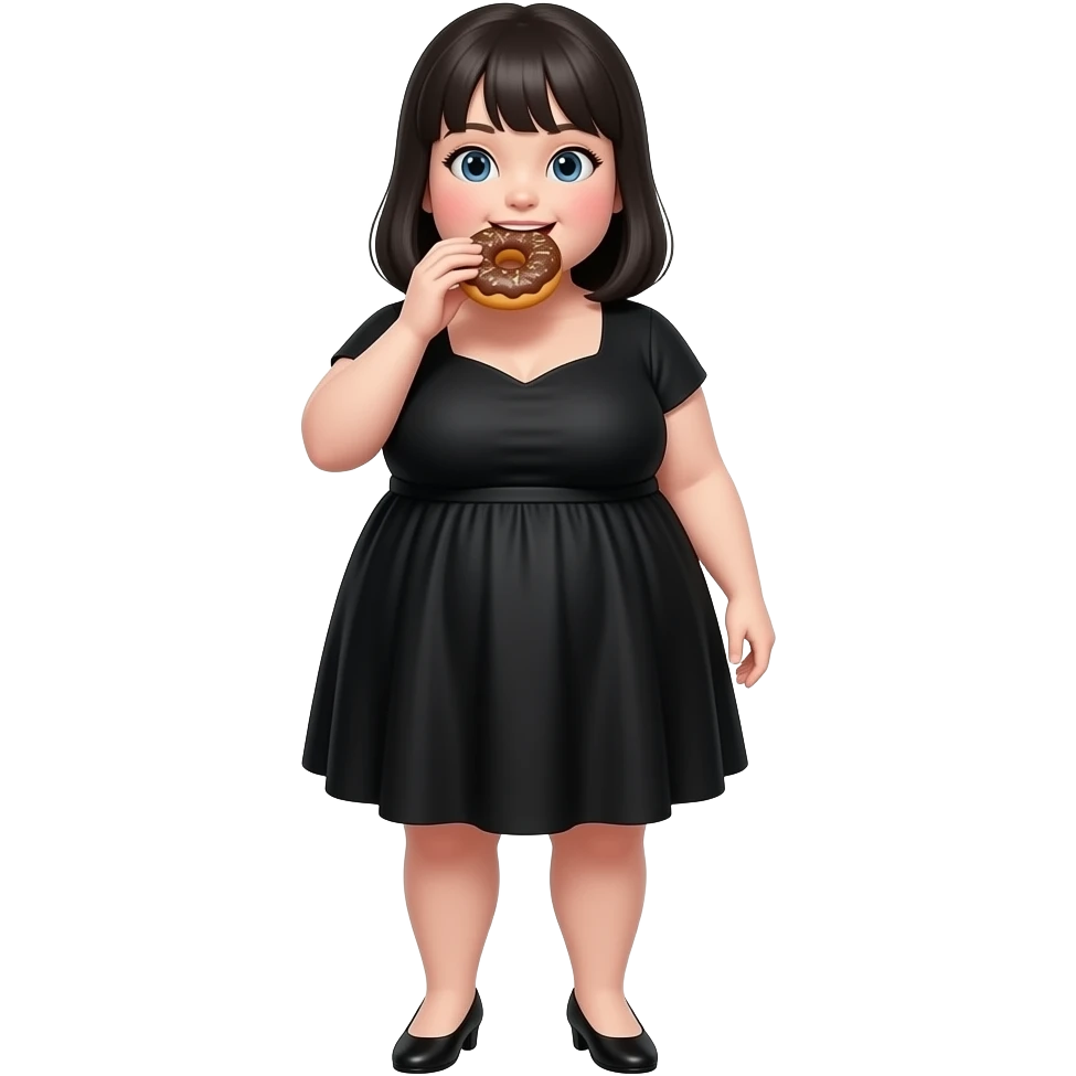 Fat girl full body wearig black dress with mid length black hair eating a donut emoji