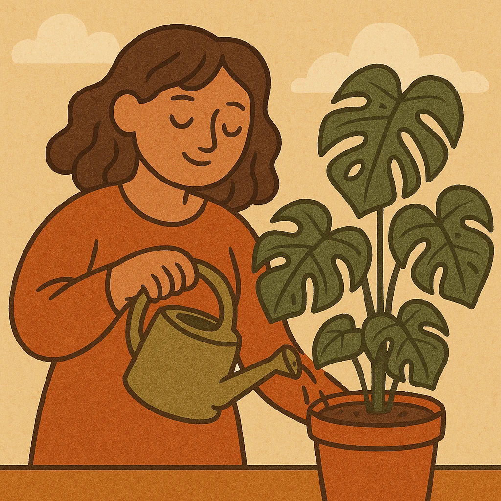 woman watering her monstera plant emoji