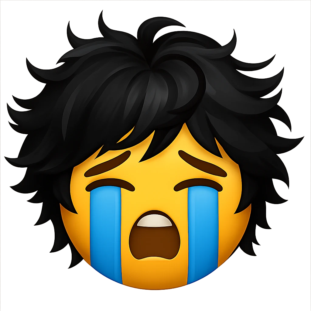 Combine the messy black hair from the first image naturally on top of the classic sob emoji face from the second image, creating a single cohesive emoji. Keep the style consistent with the sob emoji and maintain a transparent background. emoji