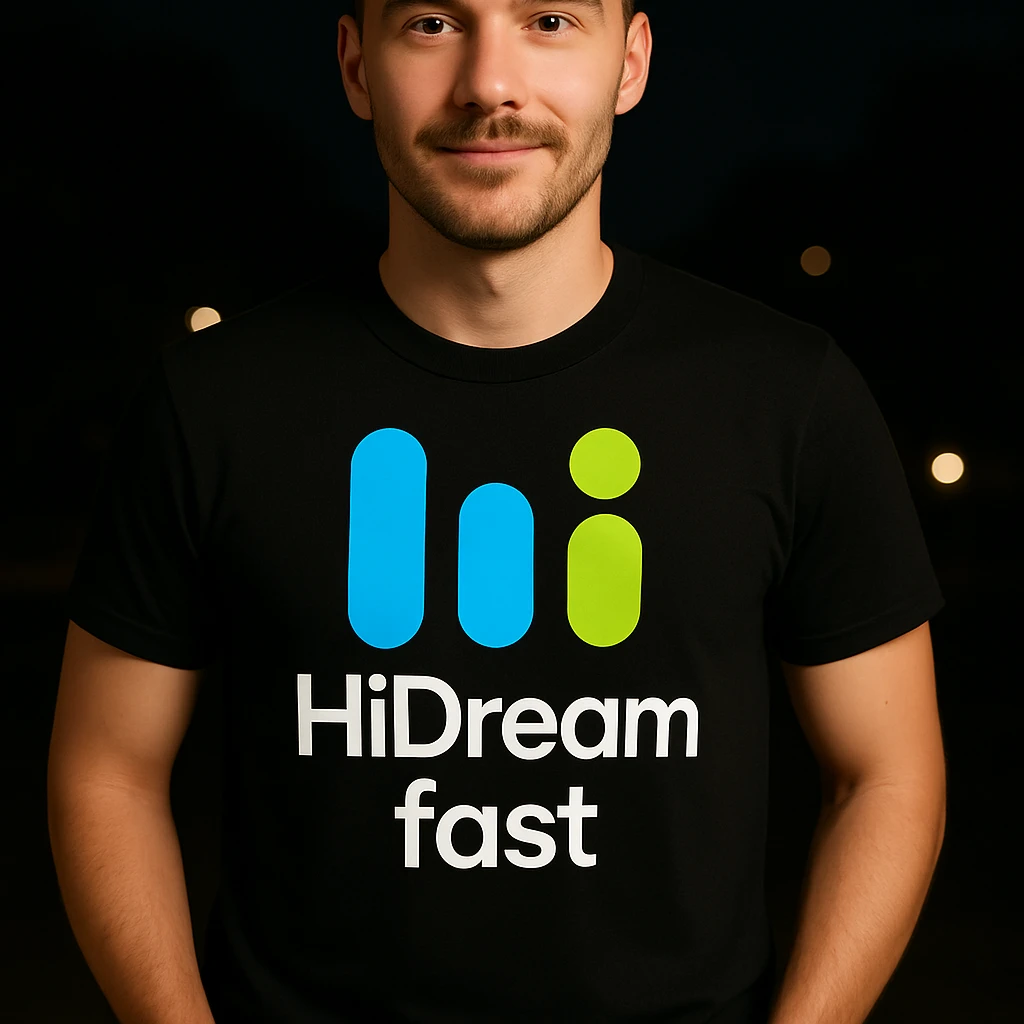 man wearing tshirt with this logo, dark night background with dim , add fast below logo, make man fit into image emoji