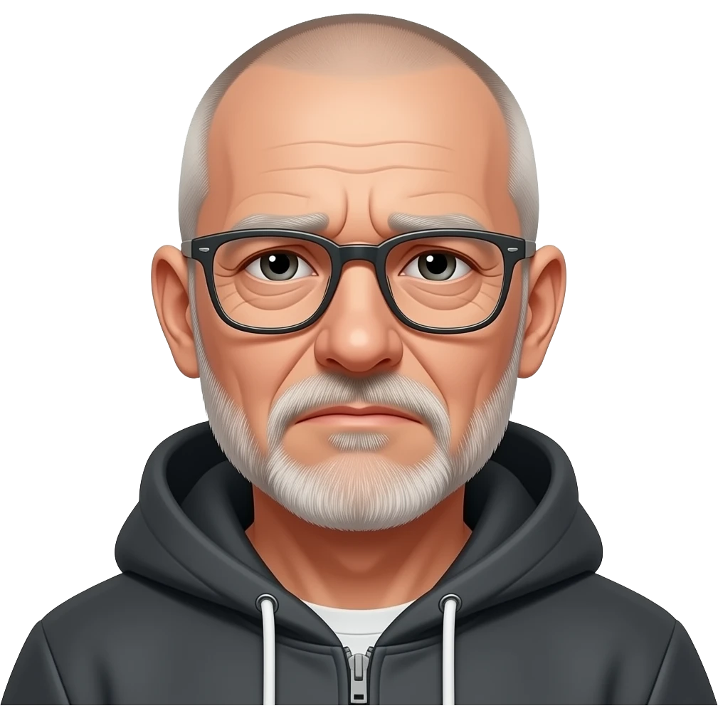 sad almost bald shaved short hair full-length photo of extreme streetwear clean-shaven face cool boy thin metal-framed glasses ery entellectual man, 65 years old, street wear stubble, shaved short with clippers emoji