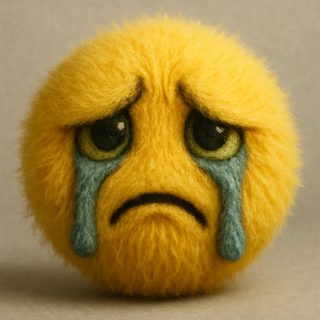 a yellow fuzzy ball face, looking sad and envious, with tears made of fur and a deeply emotional expression emoji