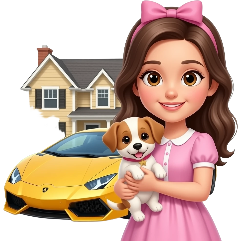 ein mädchen  mit einem kleid, im hintergrund steht ein lambogieni vor einem Hausdas mädchen hat einen welpen im arm emoji