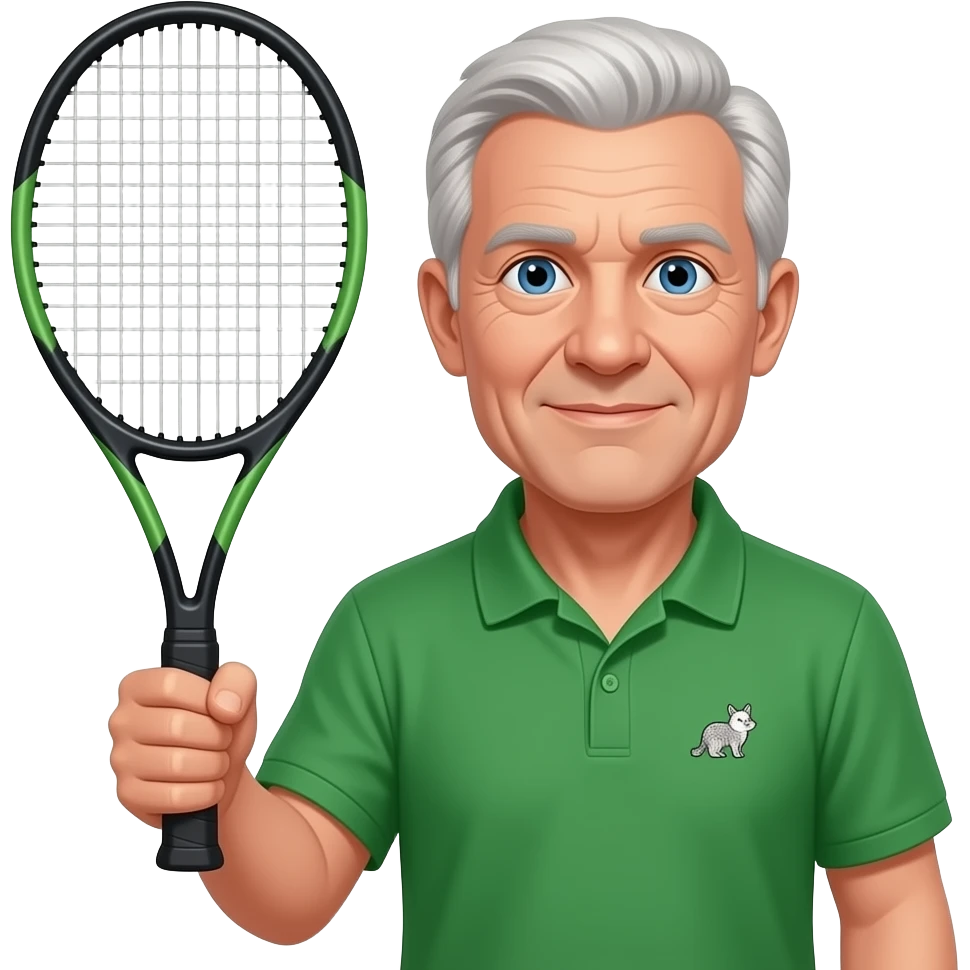 older man, no dimples in face, tennis racket in right hand, green bottle polo with small animal logo, blue eyes, lite hair all over emoji