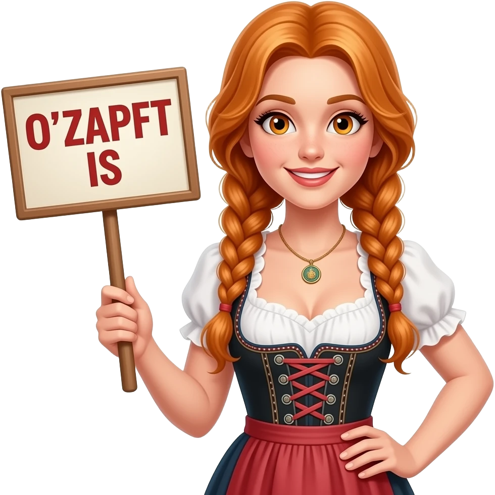 sexy girl with long wavy ginger braids and ginger eyes wearing a dirndl is holding a sign with O'ZAPFT IS written on it emoji