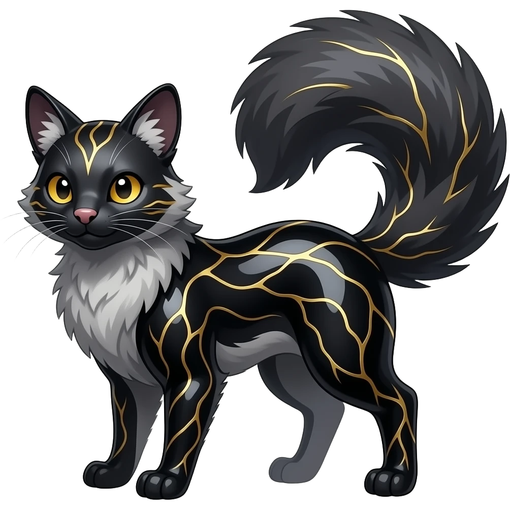 Hyper realistic obsidian fur etched with molten gold fault-lines and dark mirror shine beautiful elegant pretty precious cute Fakémon-Pokémon-opossum-feline-serval-caracal-chinchilla-Furret-Minccino-hybrid-creature with a big fluffy bushy tail (full body) emoji
