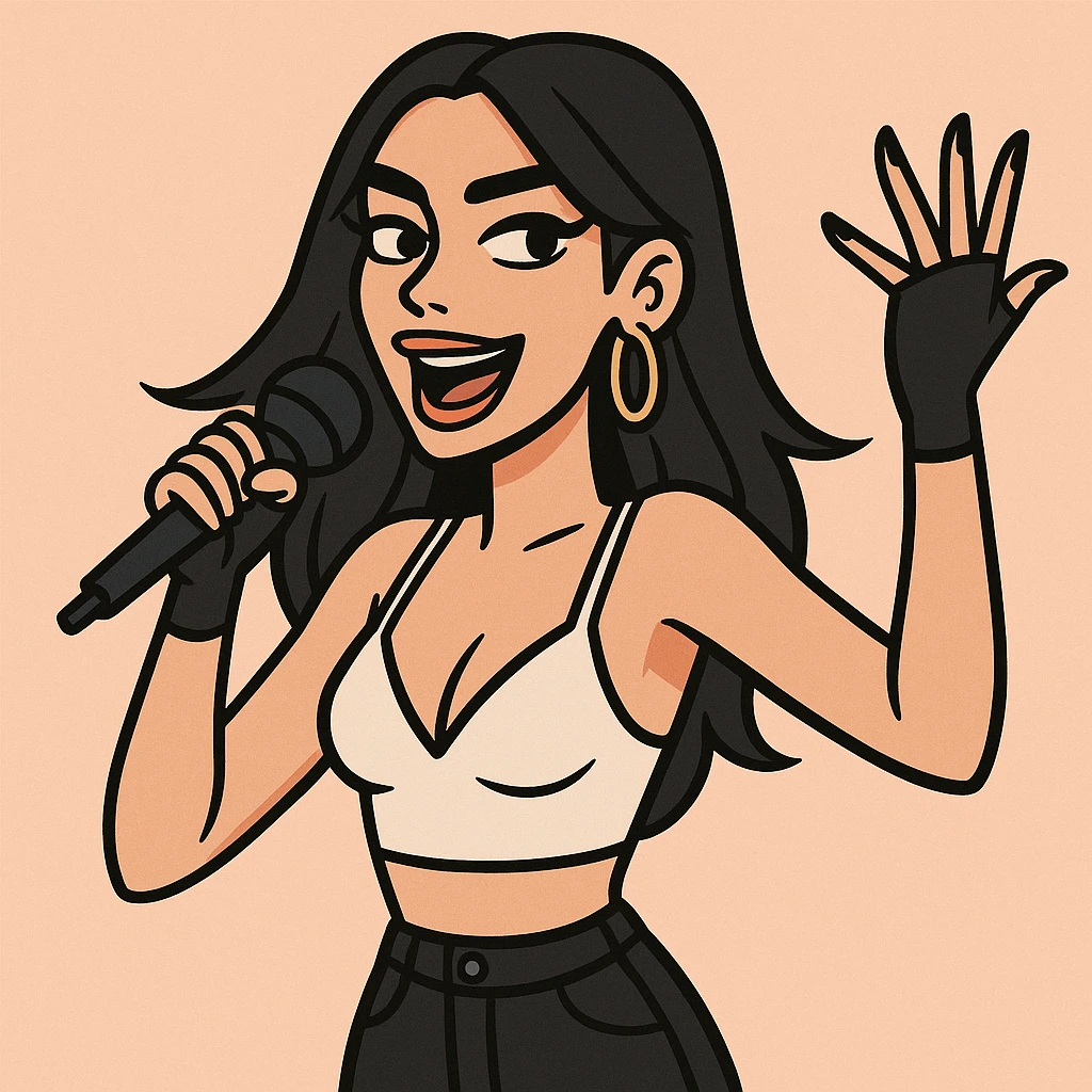 Dua Lipa cartoon portrait, energetic, modern pop star style, signature dark hair emoji