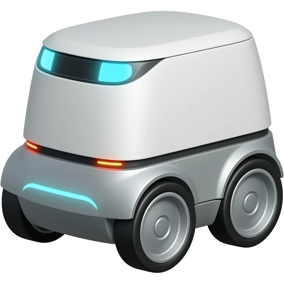 White solid delivery robot with 2 wheels at the front and 2 big wheels on the back emoji