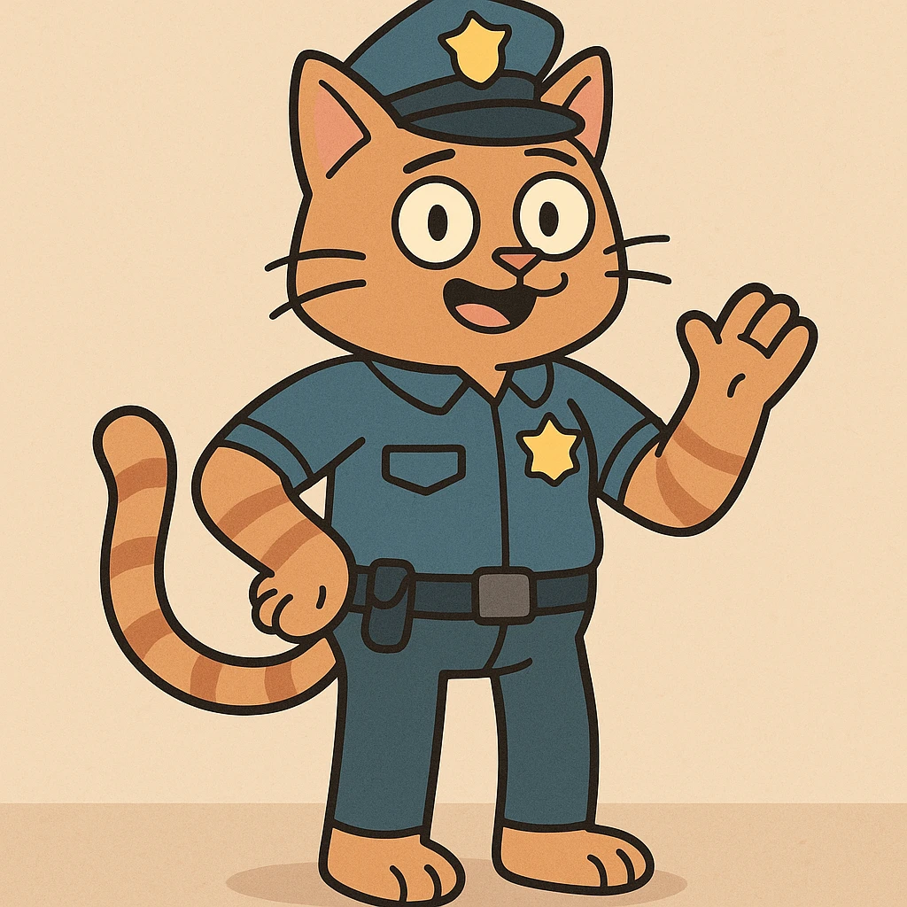 a police officer with a cat body, playful cartoon style, colorful, fun emoji