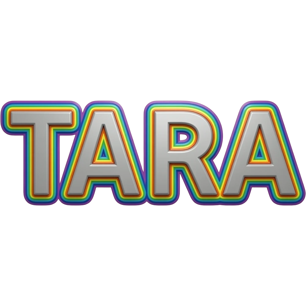 name "Tara " in grey typography lettering, each color of the rainbow as a border outlined around each letter, isolated, 3d rendering, no emoji icons no emoji faces and must have no human figures emoji