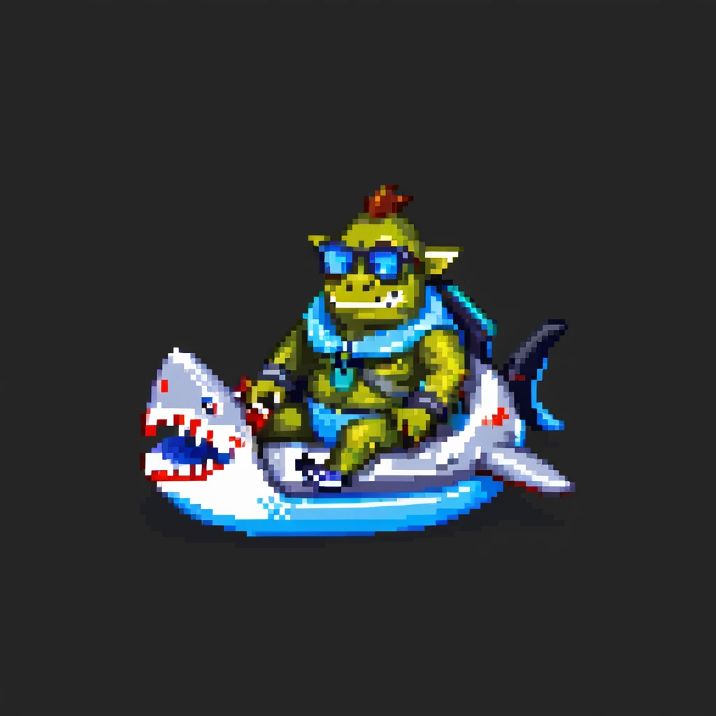 orc male sitting in an inflatable floatie shaped like a shark, wearing oversized sunglasses and a whistle on a neck cord, pixel art style emoji