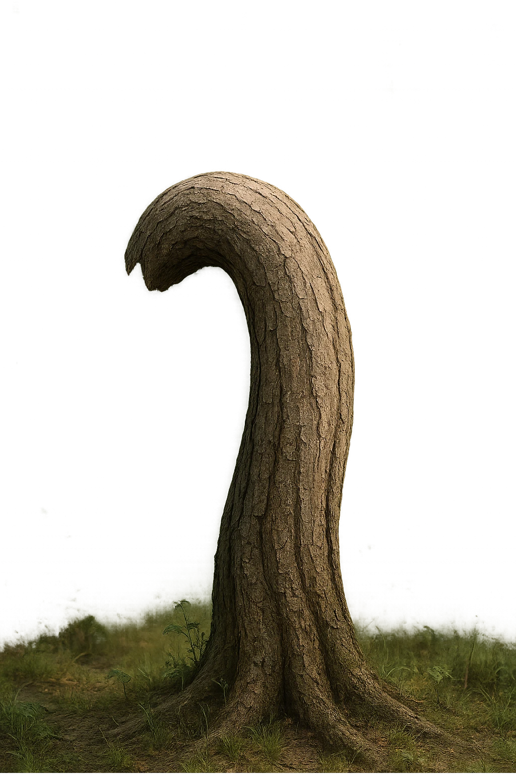 Realistic, vertical 4K illustration: a hyperrealistic tree trunk in a forest setting, noticeably bent, drooping, or wilted instead of standing upright. The bark is textured and detailed, with subtle cracks and faded colors suggesting loss of vitality. Soft, natural light filters through the surrounding trees, casting gentle shadows. The scene is quiet and contemplative, with the trunk’s unusual, slumped posture symbolizing a decline in male libido. The background is lush and detailed, but the focus remains on the central, softened trunk, evoking a sense of vulnerability and introspection. emoji