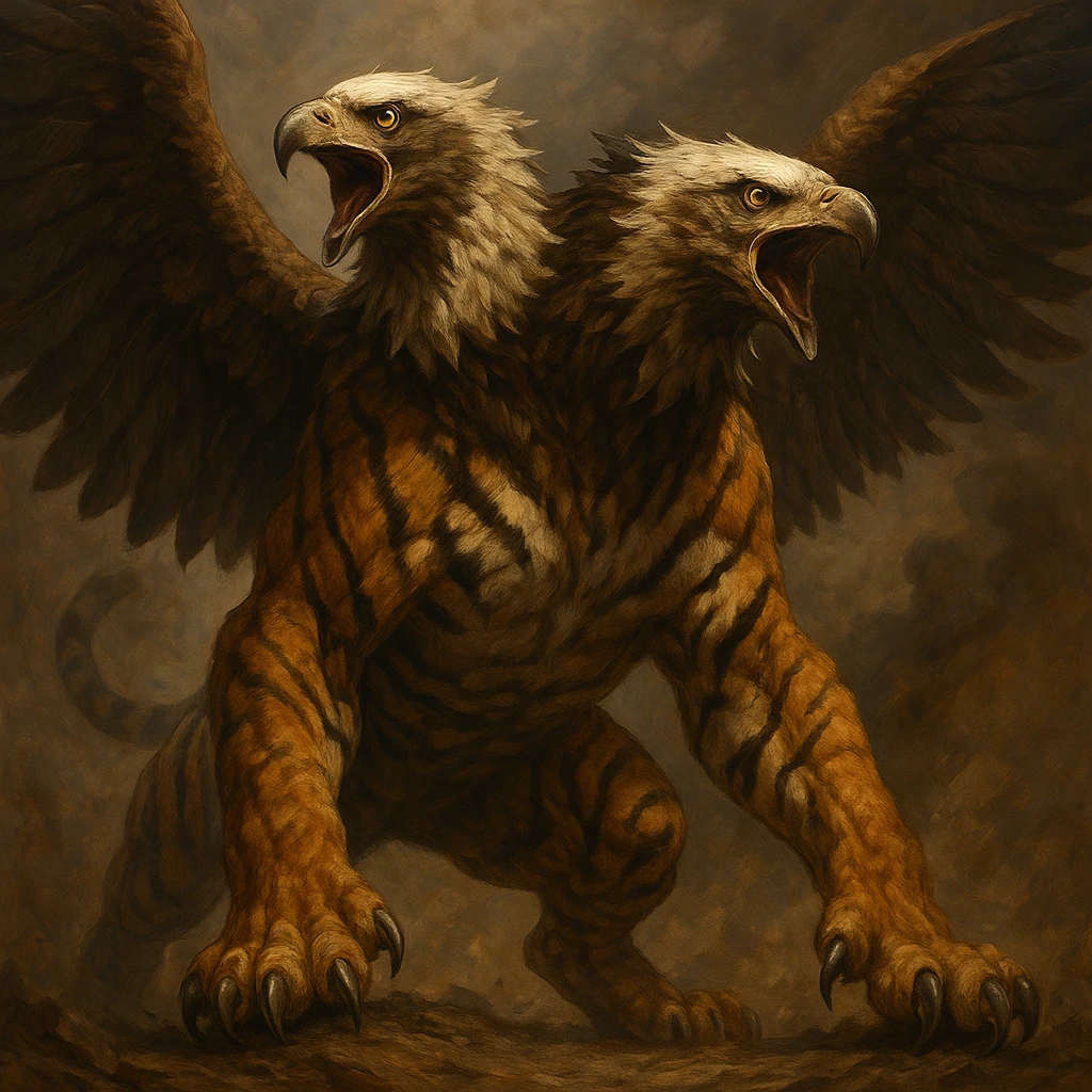 A fusion creature: tiger's body, two eagle heads, feathered wings, and tiger paws, in a dramatic stance, mythical hybrid. emoji