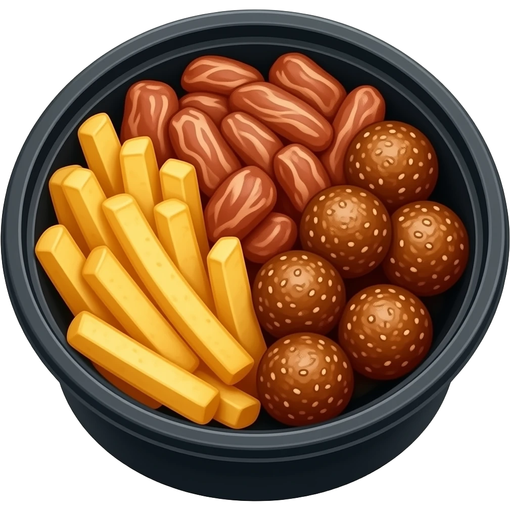 french fry and meat and meatballs mixed together in a black round plastic box emoji