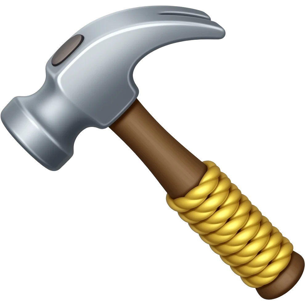 Cartoon hammer only, silver metal head, brown wooden handle with yellow rope wrap, cute 3D emoji style, transparent background, front view, isolated emoji