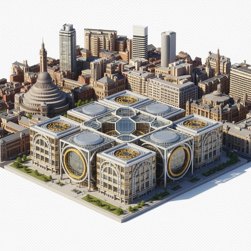 Isometric illustration of Birmingham, photorealistic the Library of Birmingham with its modern architecture, balanced between stylized and realistic, 3D miniature effect, transparent background. emoji