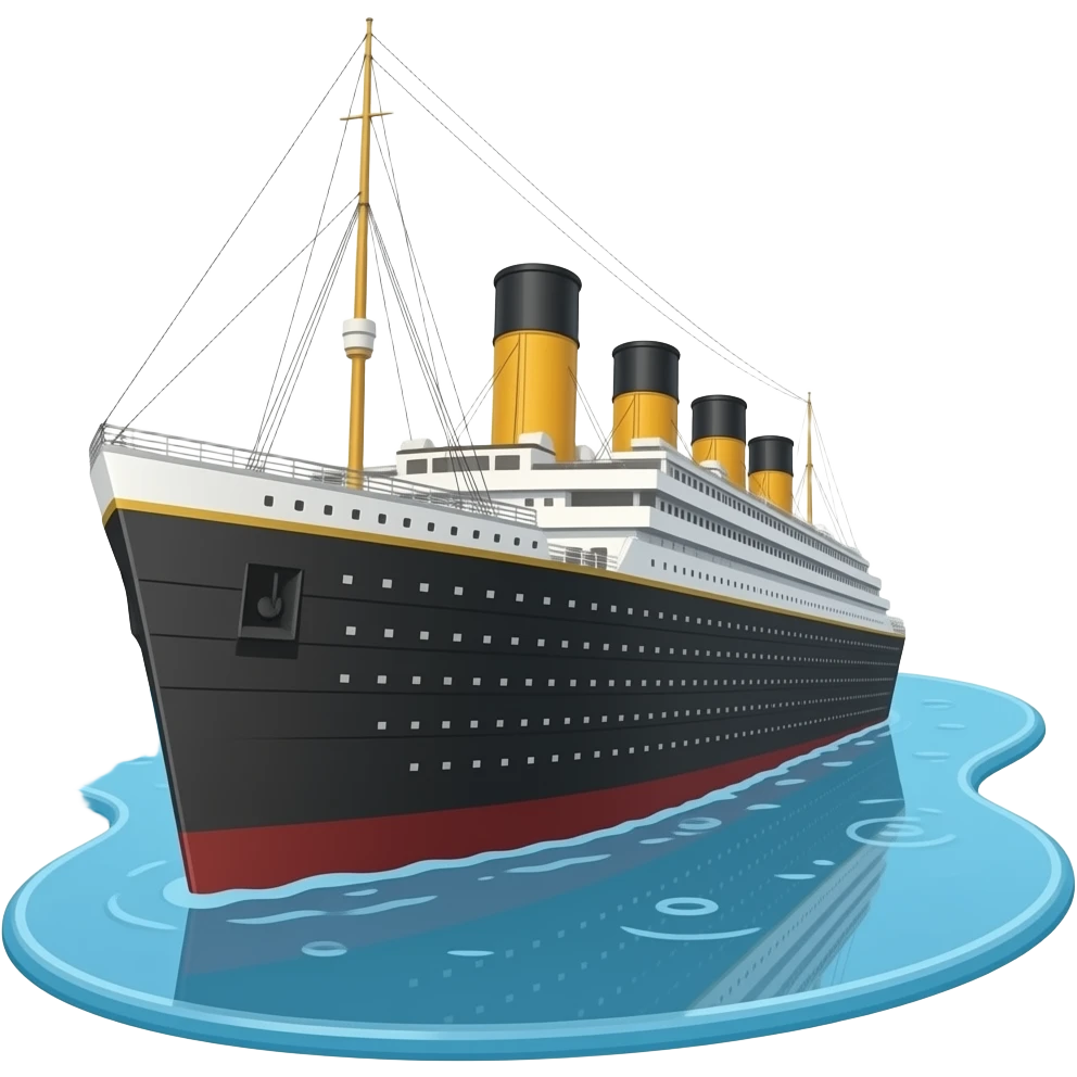 The ship Titanic flies above a shallow puddle of water - horizontally emoji