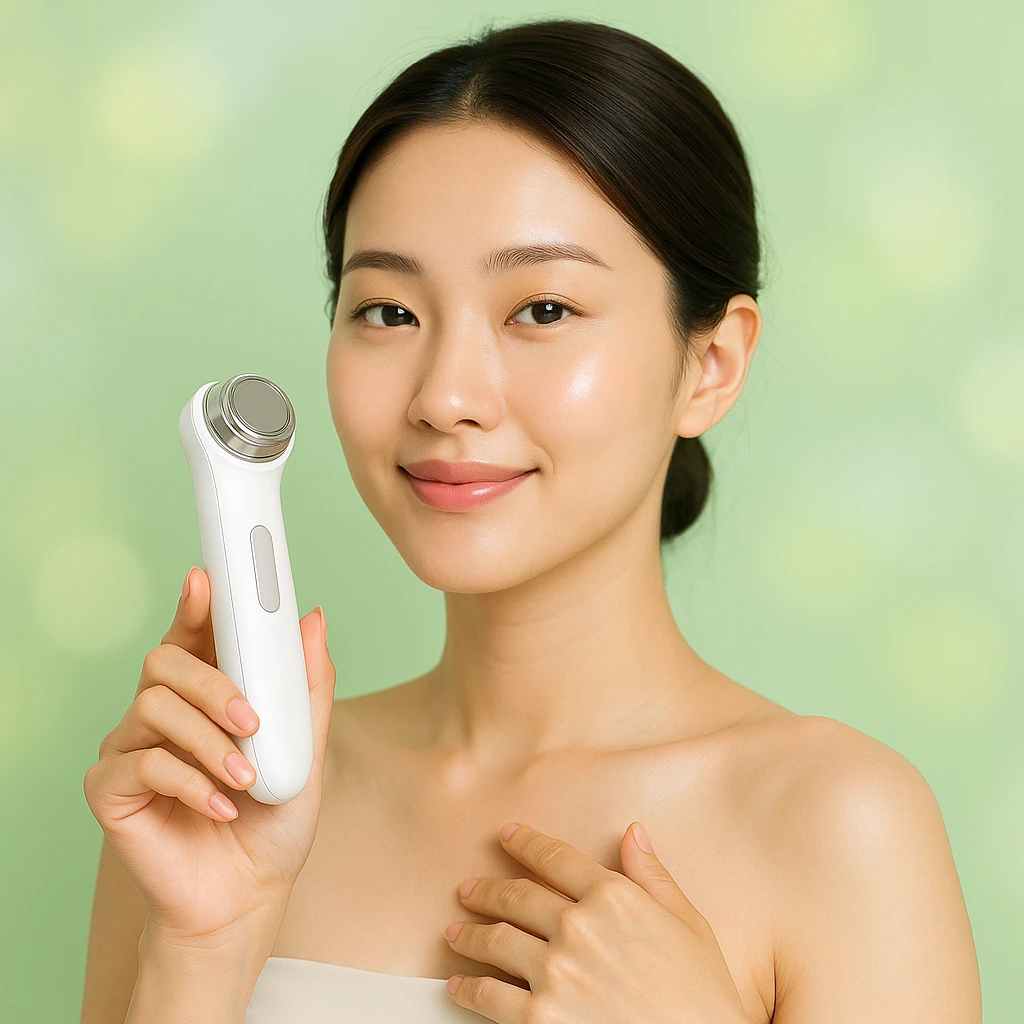 Korean woman holding a beauty device, emphasizing beauty care, fresh background emoji