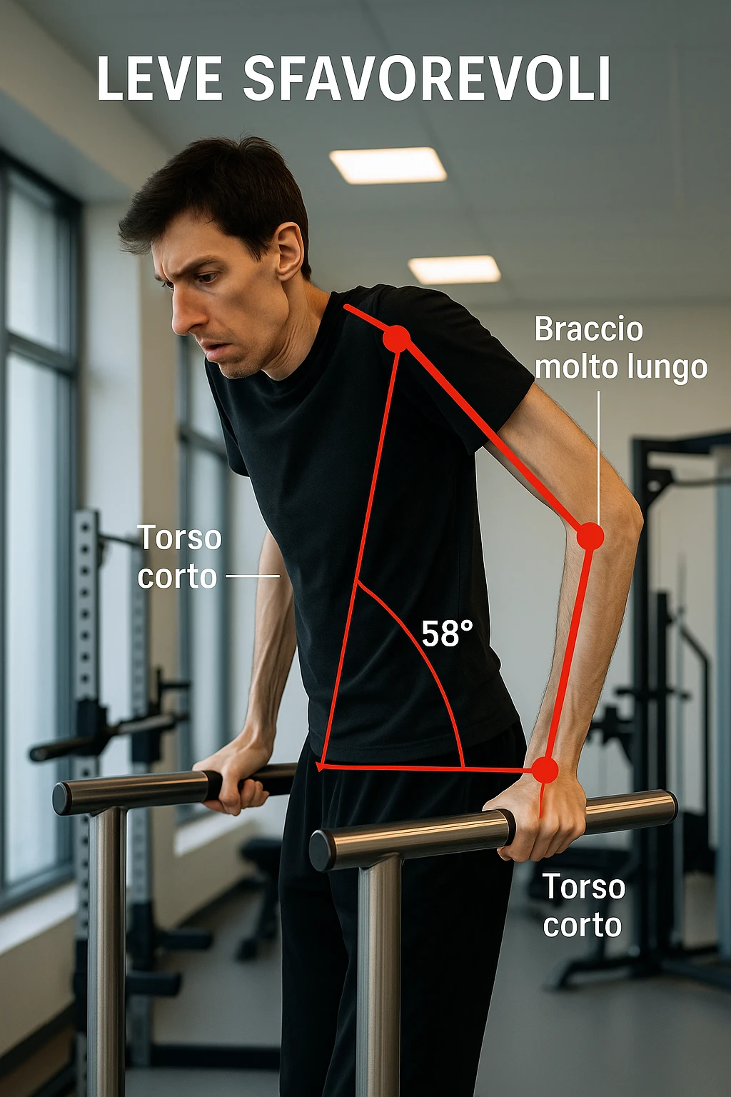 a tall, lean man with very long arms and a short torso attempts a dip on parallel bars. His elbows are deeply bent and his body appears awkwardly positioned, highlighting the mechanical disadvantage. An overlay shows anatomical lines and angles, with labels explaining “Leve Sfavorevoli” The background is a modern gym, with a focus on biomechanics. in italiano emoji