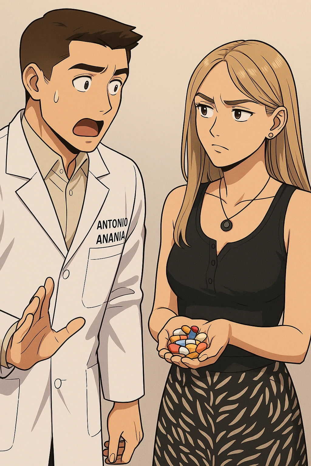 fai un webtoon/manga a colori con questo kinesiologo in camice bianco (fagli la scritta "ANTONIO ANANIA" SUL CAMICE) CHE PARLA CON QUESTA RAGAZZA. LA RAGAZZA HA UN PUGNO DI INTEGRATORI IN MANO (TANTE PILLOLE DIVERSE) E LE GUARDA DUBBIOSA. IL KINESIOLOGO CON IL CAMICE BIANCO LE DOMANDA UNA COSA SCIOCCATO. NON FARE I FUMETTI, FAI SOLO LORO COME SE DIALOGASSERO emoji