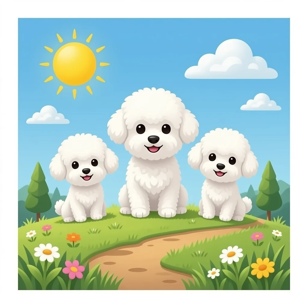 Very small fluffy cutty dogs together, hill, Bichon emoji