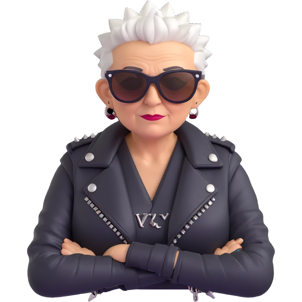 A punk grandma with a leather jacket, spiked hair, and sunglasses emoji