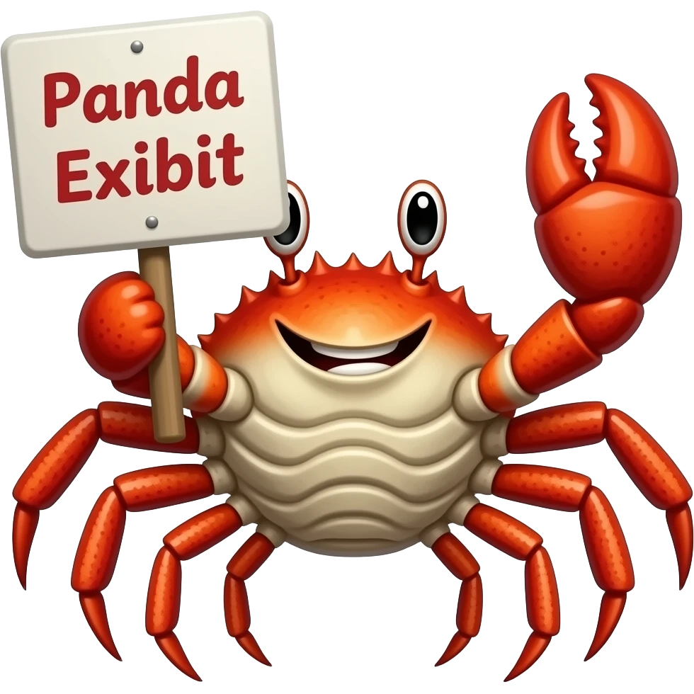 Crab holding a sign saying Panda Exibit emoji