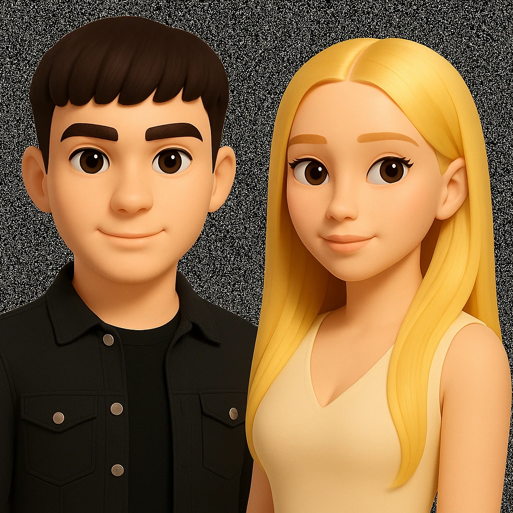 Slightly increase the volume of the upper body of the girl, separate the girl and the boy from each other, and make the skin color the same for both characters. Maintain the cartoonish 3D style as in the reference image. emoji