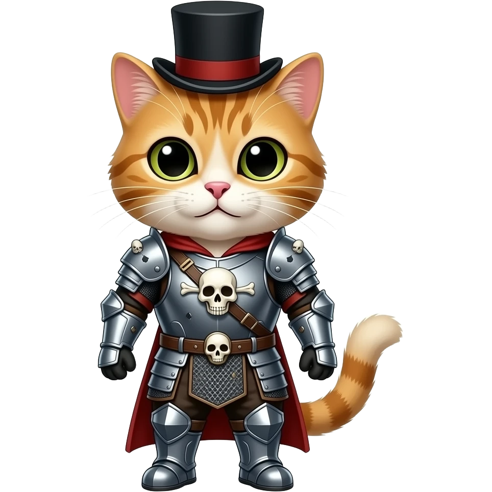 Faza um gato com armadura e com uma cartola e com criadas de caveira emoji