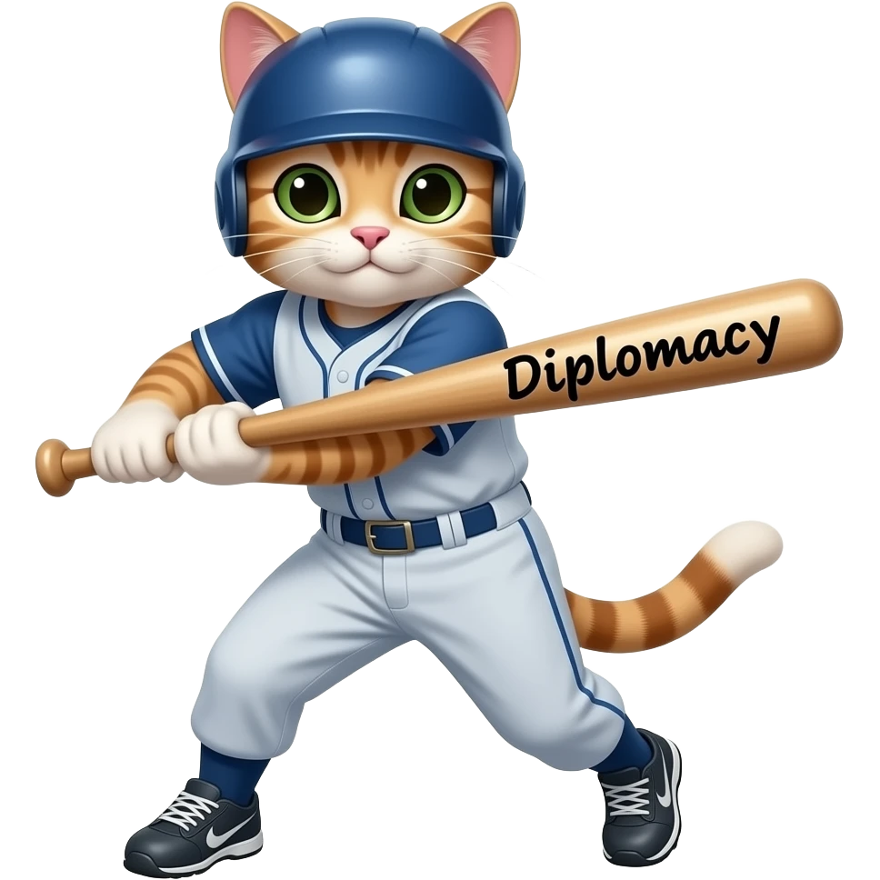 Cat swinging a base ball bat text on bat Diplomacy emoji