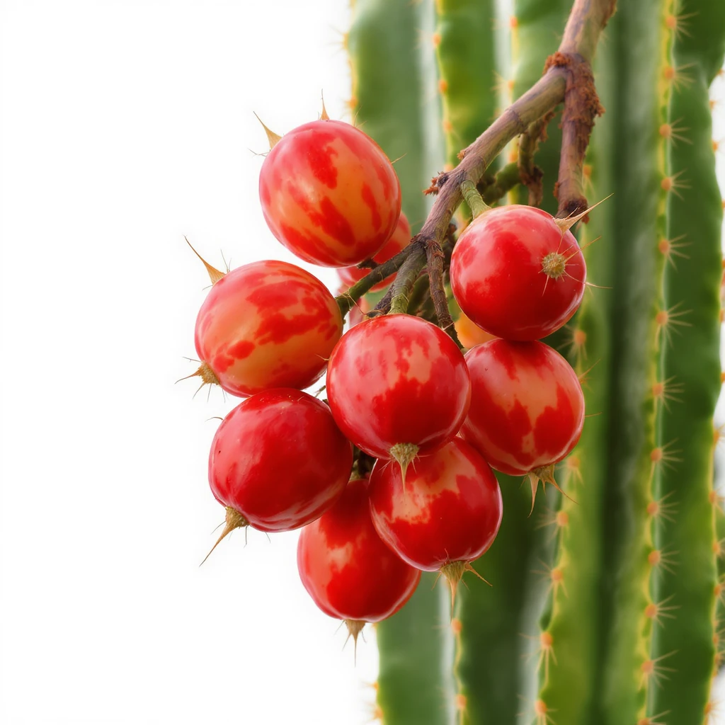 cluster of red round Stenocereus fruits with typical cactus spikes on a branch realistic style white background emoji