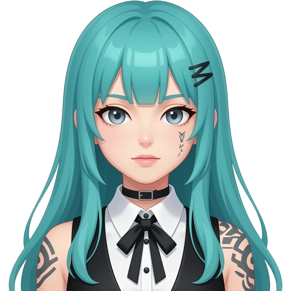 anime girl, cool face, face tattoos, long flowing teal hair, grey eyes, black shoulder cyberpunk blouse with fancy white collar emoji