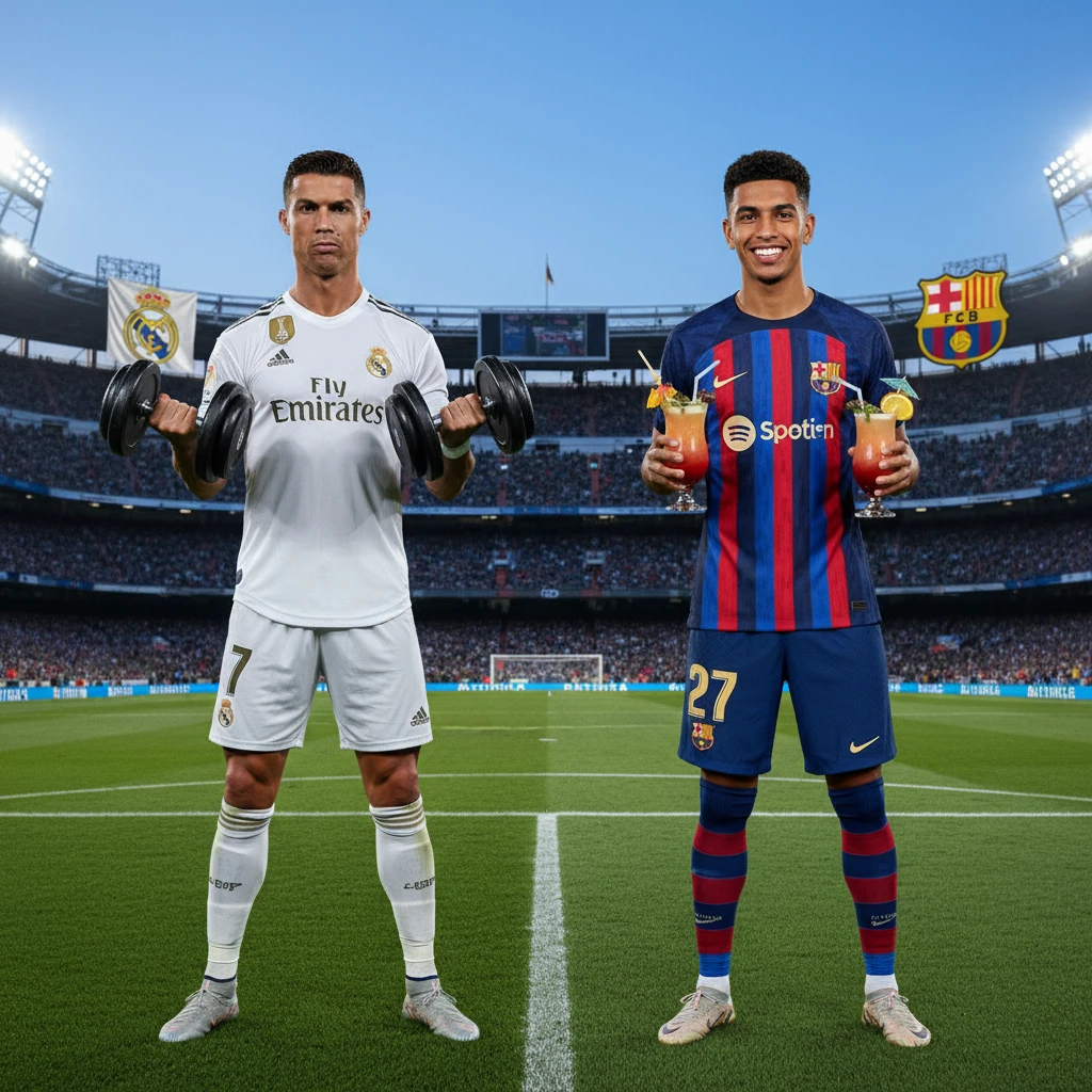 Криштиану Роналду в футболке Реала стоит с гантелями слева. А справа стоит Ламин Ямаль в форме Барселоны и с коктейлями в руках emoji