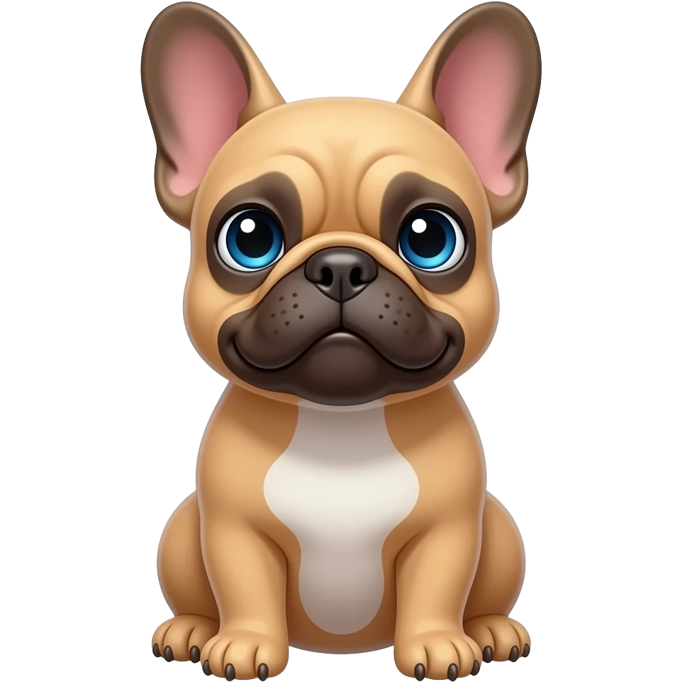 “Emoji style French Bulldog (not a generic dog). Light brown/fawn color, blue eyes, small white chest patch. Big upright bat ears, flat short snout. Sitting, looking up, cute expression. Keep exact face from photo. Clean emoji style, rounded shapes, simple background.” emoji