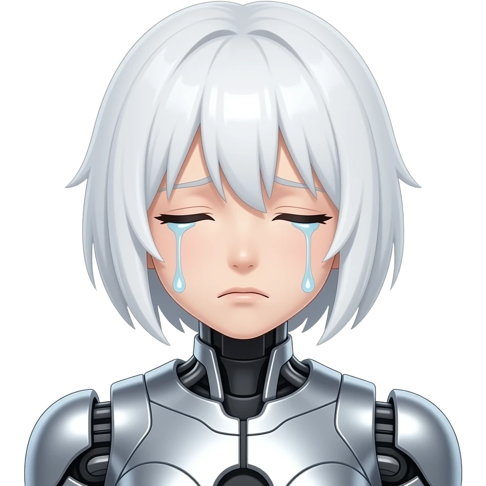 a sad crying anime robot with white hair and white eyes is crying hard emoji
